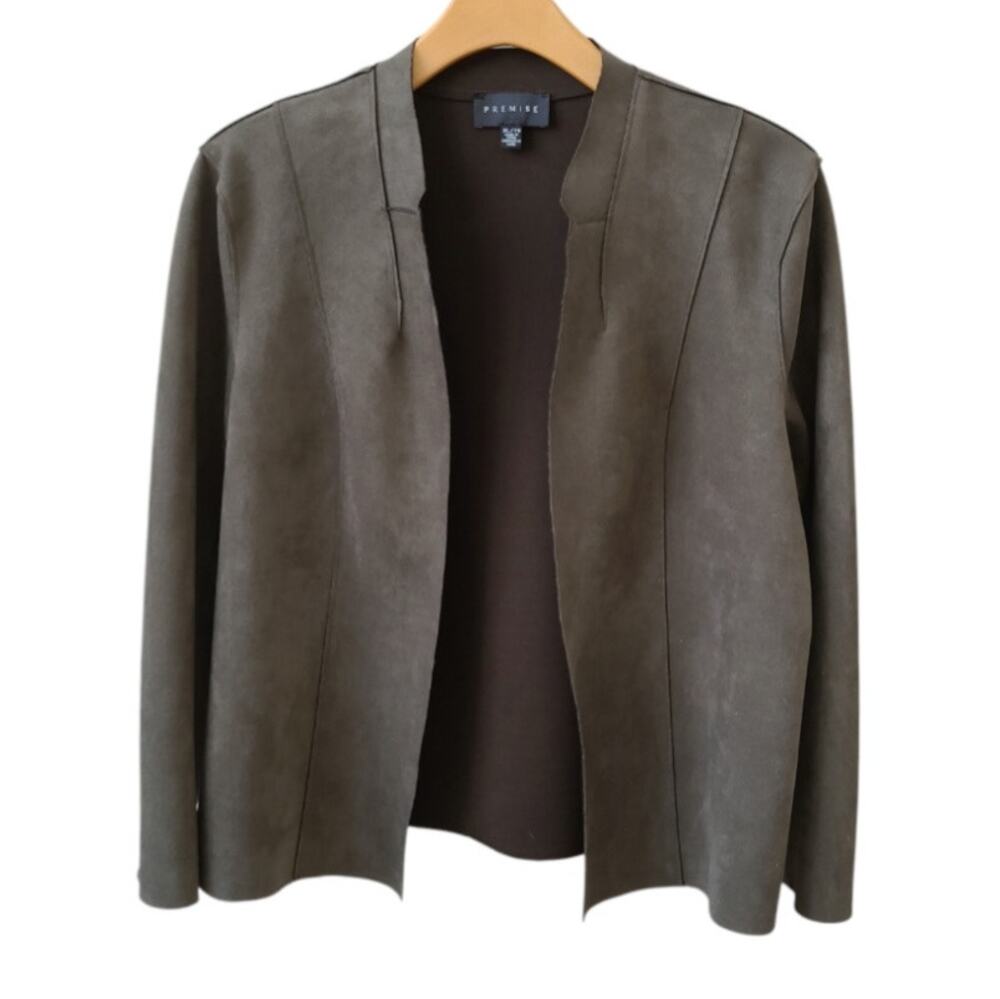Premise Olive Gray Faux Suede Open Blazer XL Pintuck Vegan Leather Fall Office